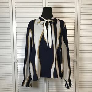 Shein Navy Blue Wavy Striped Tie Neck Long Sleeve Flowy Blouse Women XL